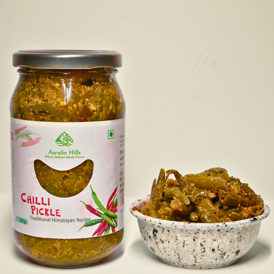 Himalayan Green Chilli Pickle by Auralin Hills in glass jar